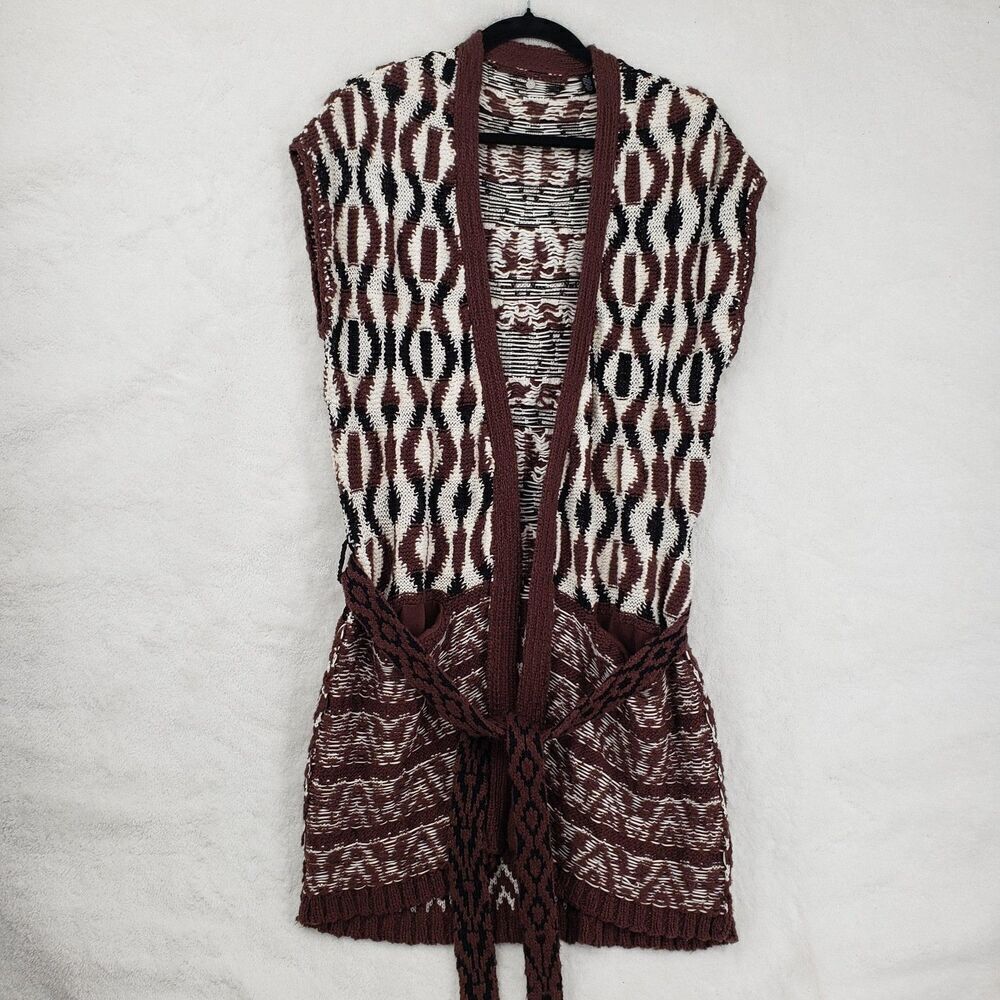 Knitted & Knotted Sweater Vest Women Medium Geometric Belted Pockets Bohemian